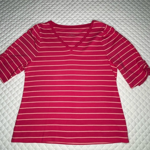 Talbots Cotton Pink Ruched Sleeve V Neck Tee - Picture 2 of 9